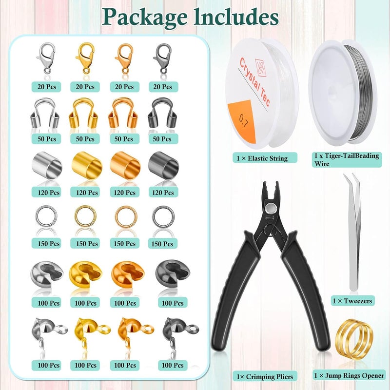 Acejoz 2160 Pieces Crimp Beads Kit for Jewelry Making, Knot Covers, Crimp Bead Covers, Crimp Tubes, Jump Rings and Wire Guardians with Crimping Pliers, Elastic String for Bracelets Necklaces Making - Image 2